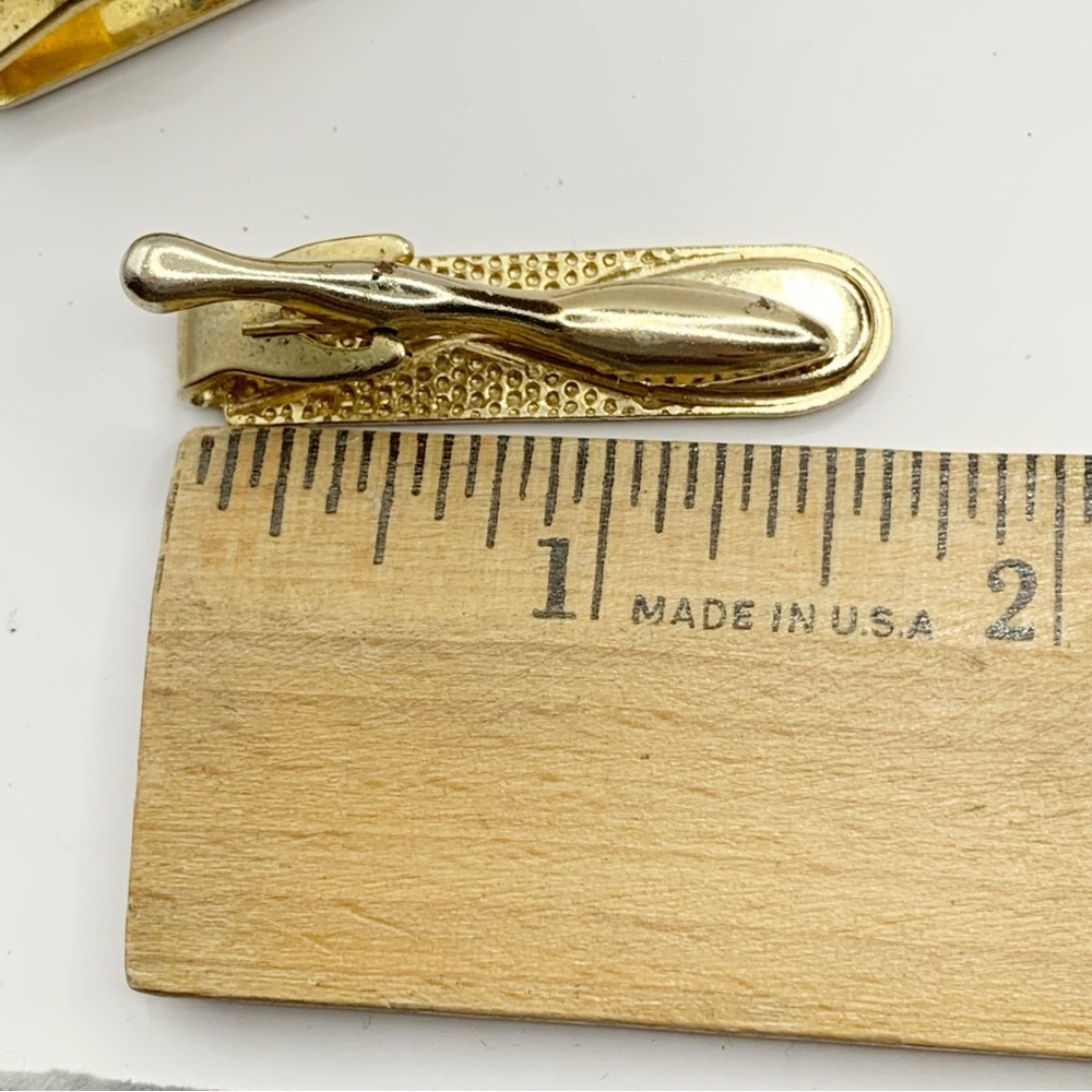 Vintage MCM mother of pearl inlay textured gold tone tie bar clip - Picture 6 of 6